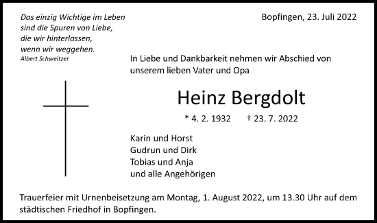Traueranzeige von Heinz Bergdolt von Schwäbische Post