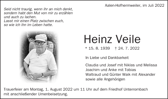 Traueranzeige von Heinz Veile von Schwäbische Post