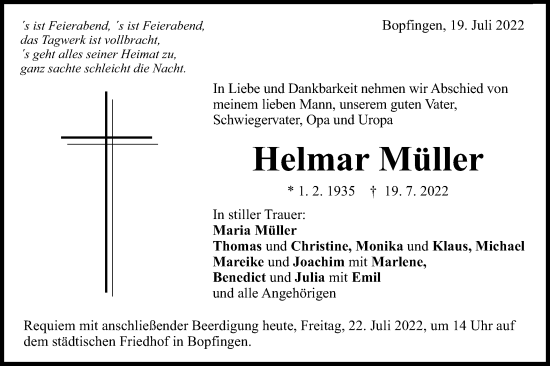 Traueranzeige von Helmar Müller von Schwäbische Post