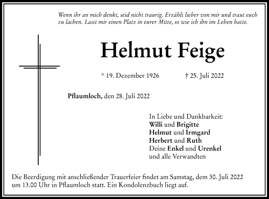 Traueranzeige von Helmut Feige von Schwäbische Post