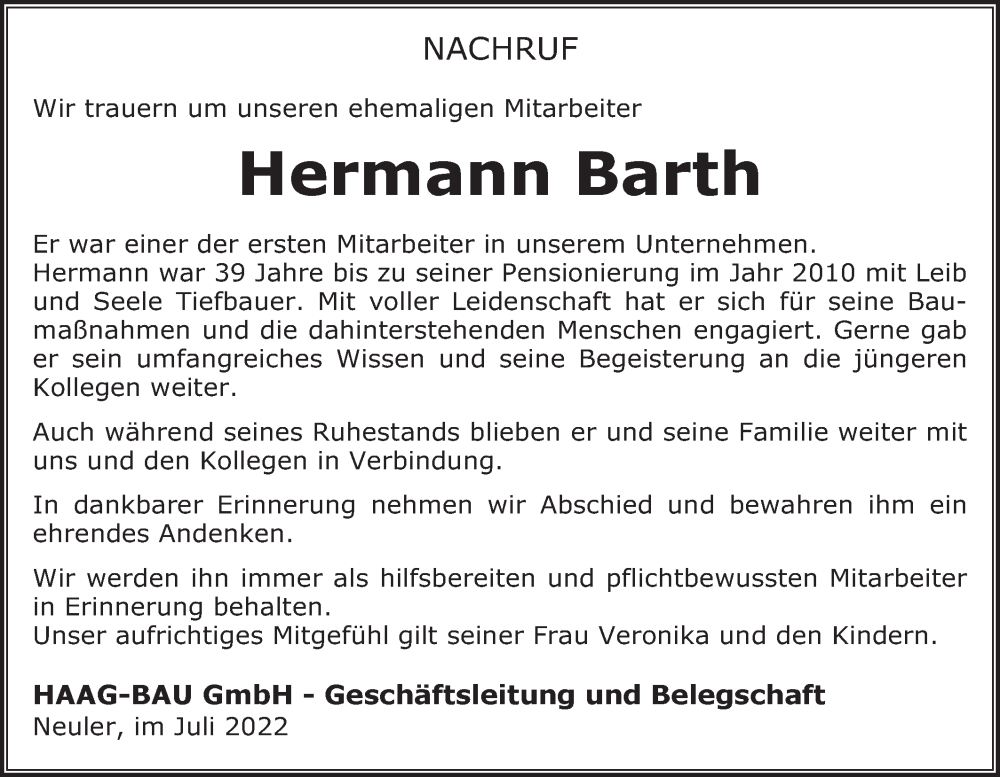  Traueranzeige für Hermann Barth vom 23.07.2022 aus Schwäbische Post