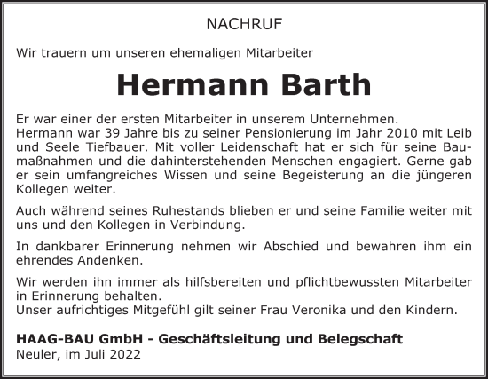 Traueranzeige von Hermann Barth von Schwäbische Post