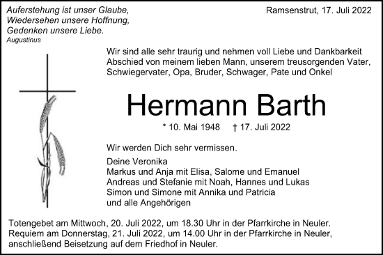 Traueranzeige von Hermann Barth von Schwäbische Post