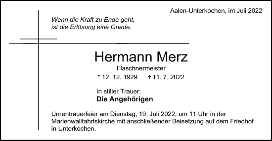 Traueranzeige von Hermann Merz von Schwäbische Post