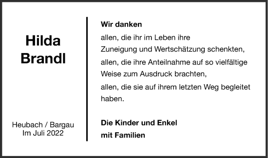 Traueranzeige von Hilda Brandl von Gmünder Tagespost