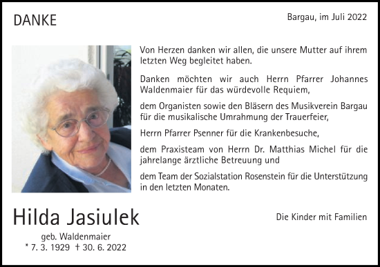 Traueranzeige von Hilda Jasiulek
