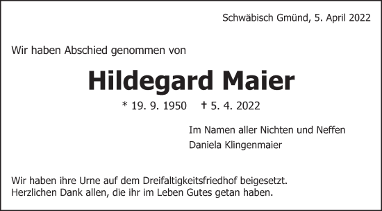Traueranzeige von Hildegard Maier von Gmünder Tagespost