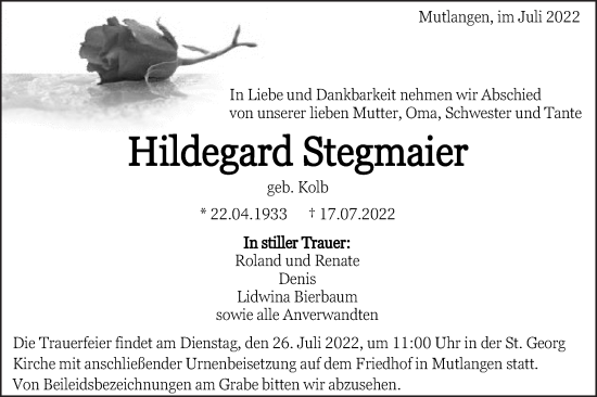 Traueranzeige von Hildegard Stegmaier von Gmünder Tagespost