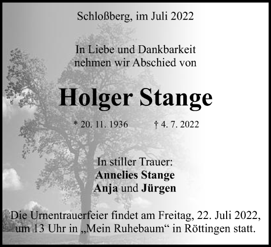 Traueranzeige von Holger Stange von Bopfinger Stadtanzeiger