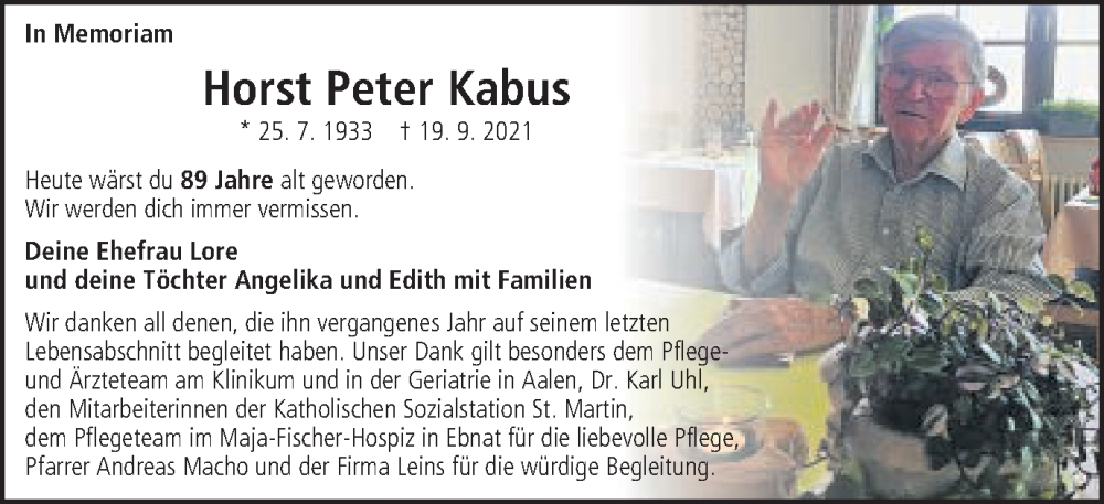  Traueranzeige für Horst Peter Kabus vom 25.07.2022 aus Schwäbische Post