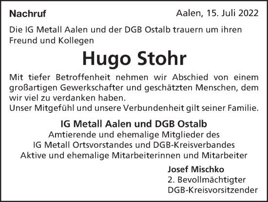 Traueranzeige von Hugo Stohr von Schwäbische Post