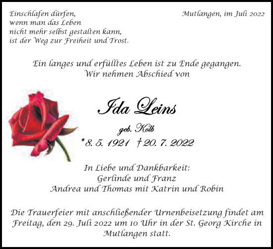 Traueranzeige von Ida Leins von Gmünder Tagespost