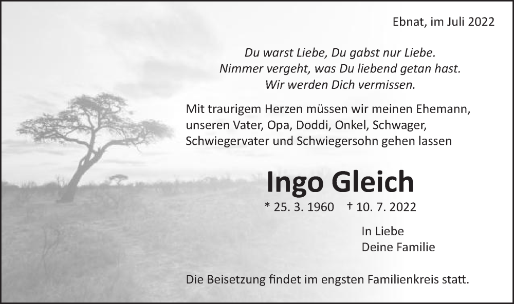  Traueranzeige für Ingo Gleich vom 12.07.2022 aus Schwäbische Post