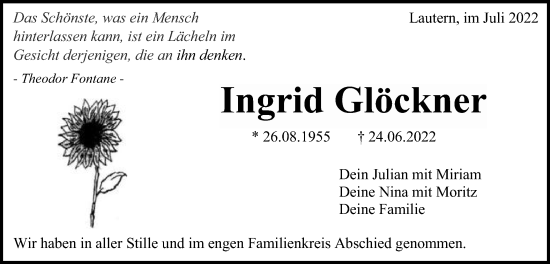 Traueranzeige von Ingrid Glöckner von Gmünder Tagespost