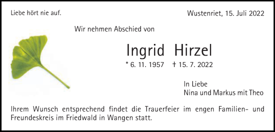 Traueranzeige von Ingrid Hirzel von Gmünder Tagespost