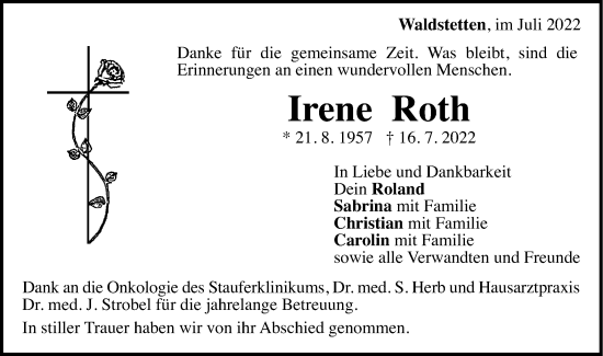 Traueranzeige von Irene Roth von Gmünder Tagespost