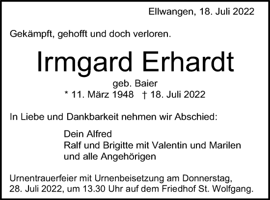 Traueranzeige von Irmgard Erhardt von Schwäbische Post
