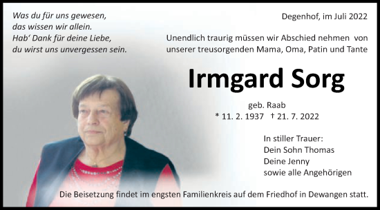Traueranzeige von Irmgard Sorg von Schwäbische Post