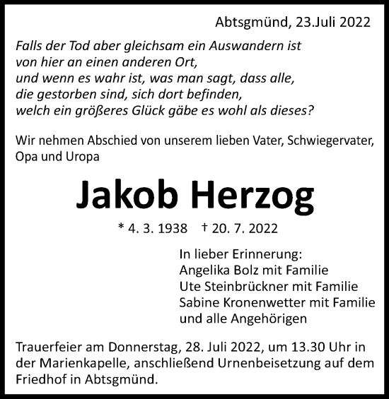 Traueranzeige von Jakob Herzog von Schwäbische Post