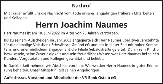 Traueranzeige von Joachim Naumes von Gmünder Tagespost