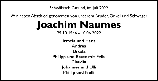 Traueranzeige von Joachim Naumes von Gmünder Tagespost
