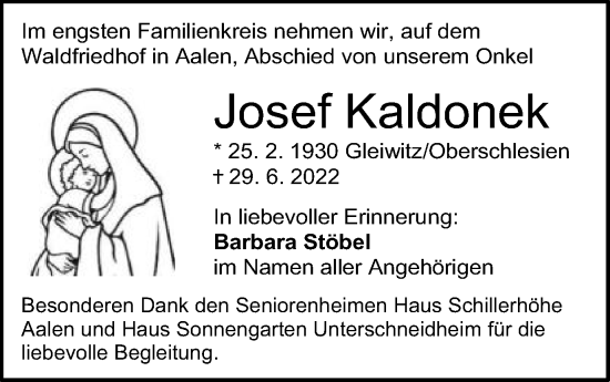 Traueranzeige von Josef Kaldonek von Schwäbische Post