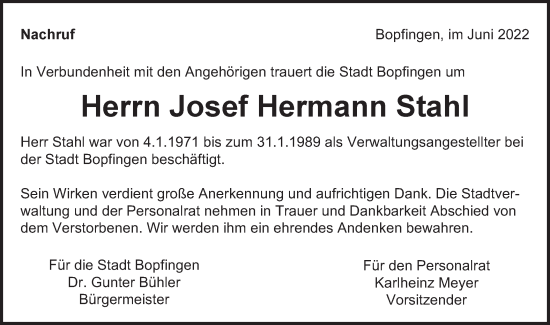 Traueranzeige von Josef Hermann Stahl von Bopfinger Stadtanzeiger