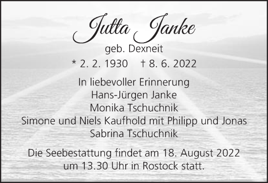 Traueranzeige von Jutta Janke von Schwäbische Post