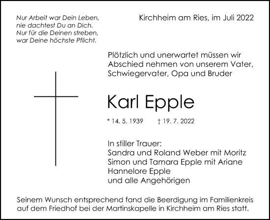 Traueranzeige von Karl Epple von Schwäbische Post