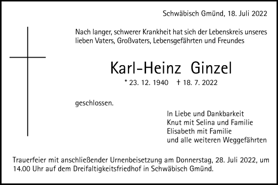Traueranzeige von Karl-Heinz Ginzel von Gmünder Tagespost
