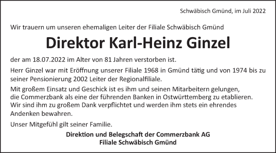 Traueranzeige von Karl-Heinz Ginzel von Gmünder Tagespost