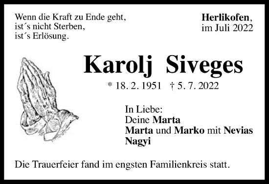 Traueranzeige von Karolj Siveges von Gmünder Tagespost