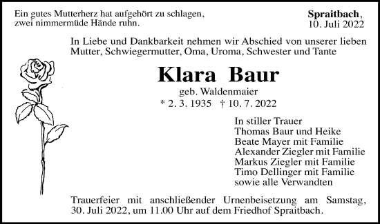 Traueranzeige von Klara Baur von Gmünder Tagespost