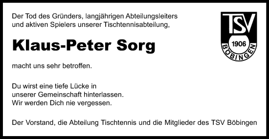 Traueranzeige von Klaus-Peter Sorg von Gmünder Tagespost