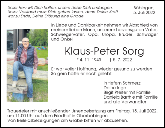 Traueranzeige von Klaus-Peter Sorg von Gmünder Tagespost