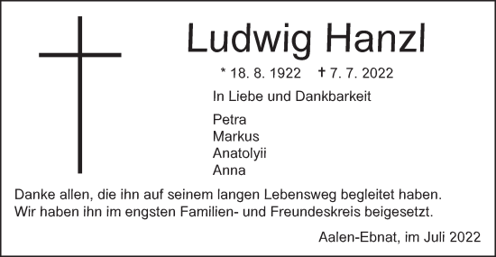 Traueranzeige von Ludwig Hanzl von Schwäbische Post