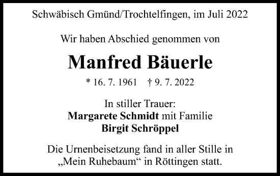 Traueranzeige von Manfred Bäuerle von Schwäbische Post