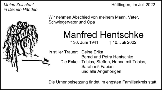 Traueranzeige von Manfred Hentschke von Schwäbische Post