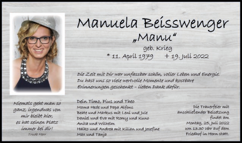  Traueranzeige für Manuela Beisswenger vom 22.07.2022 aus Gmünder Tagespost
