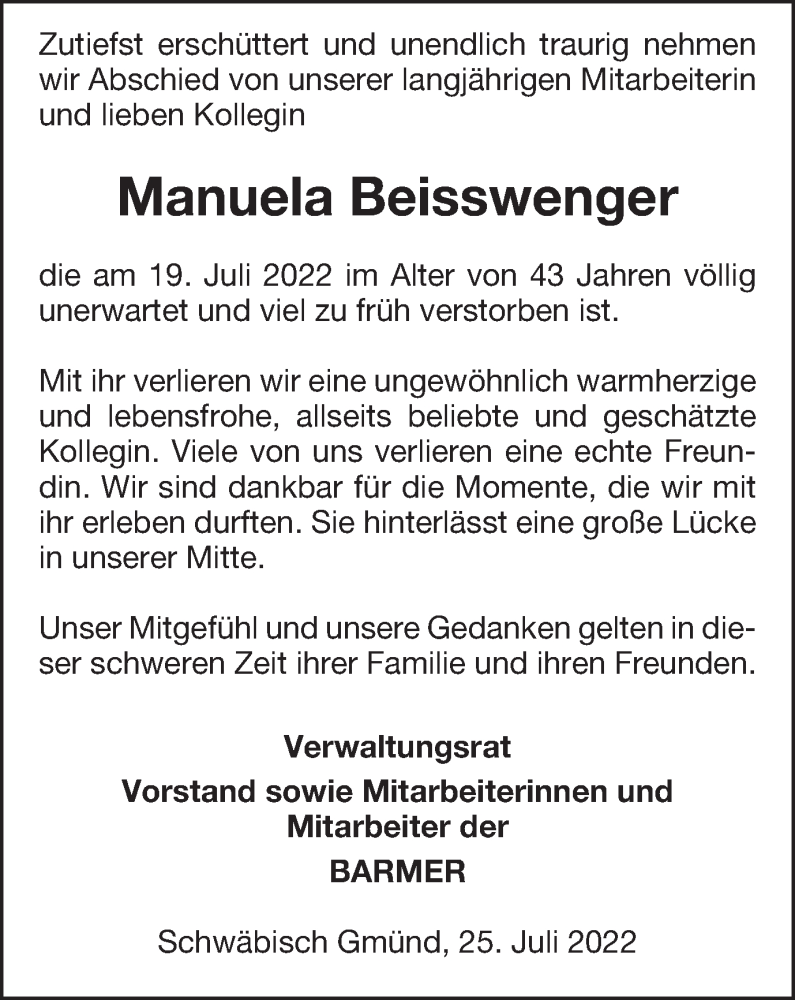  Traueranzeige für Manuela Beisswenger vom 22.07.2022 aus Gmünder Tagespost