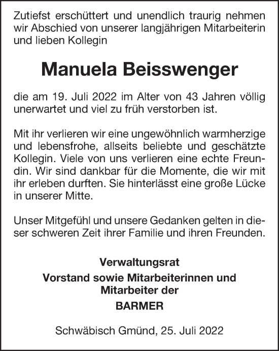 Traueranzeige von Manuela Beisswenger von Gmünder Tagespost