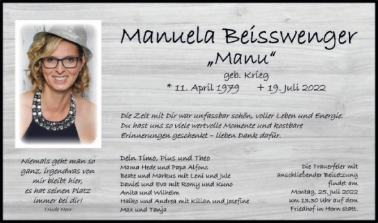 Traueranzeige von Manuela Beisswenger