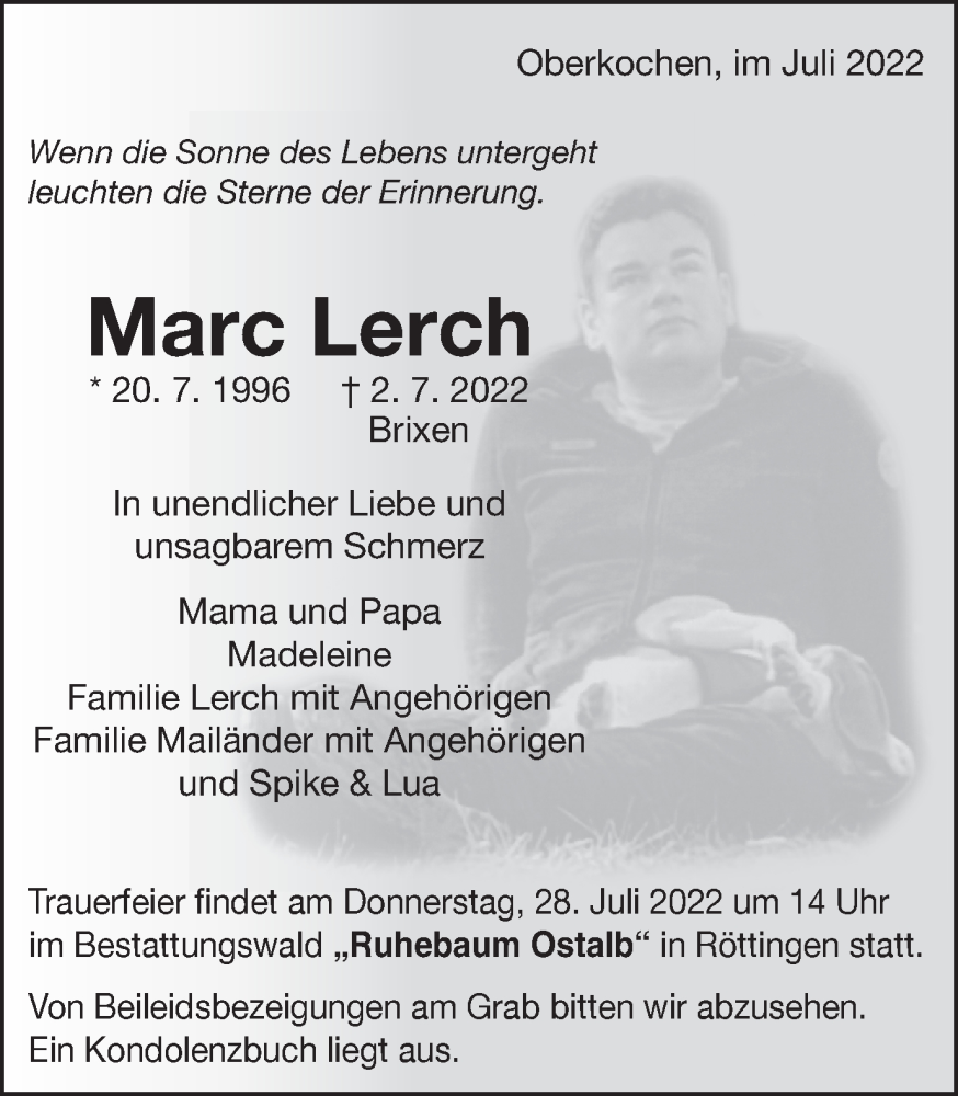  Traueranzeige für Marc Lerch vom 22.07.2022 aus Schwäbische Post