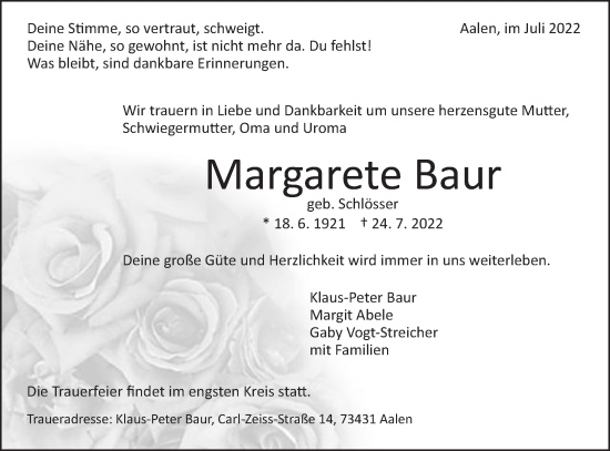 Traueranzeige von Margarete Baur von Schwäbische Post