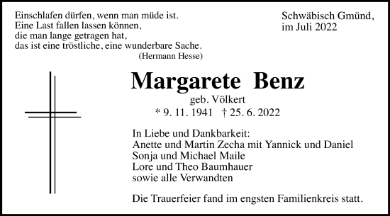 Traueranzeige von Margarete Benz von Gmünder Tagespost