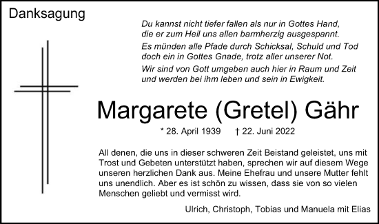 Traueranzeige von Margarete Gähr von Schwäbische Post