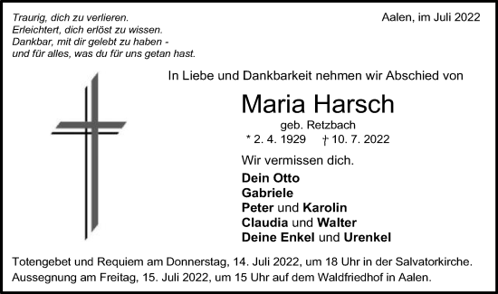 Traueranzeige von Maria Harsch von Schwäbische Post