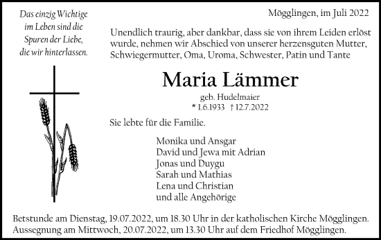 Traueranzeige von Maria Lämmer von Gmünder Tagespost