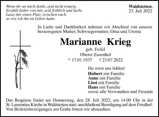 Traueranzeige von Marianne Krieg von Gmünder Tagespost