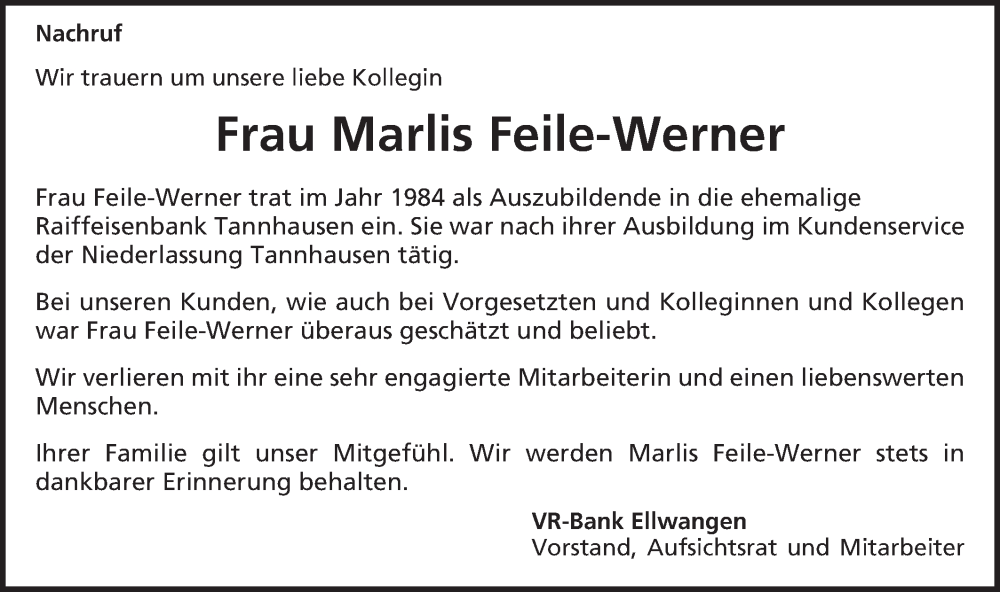  Traueranzeige für Marlis Feile-Werner vom 20.07.2022 aus Schwäbische Post